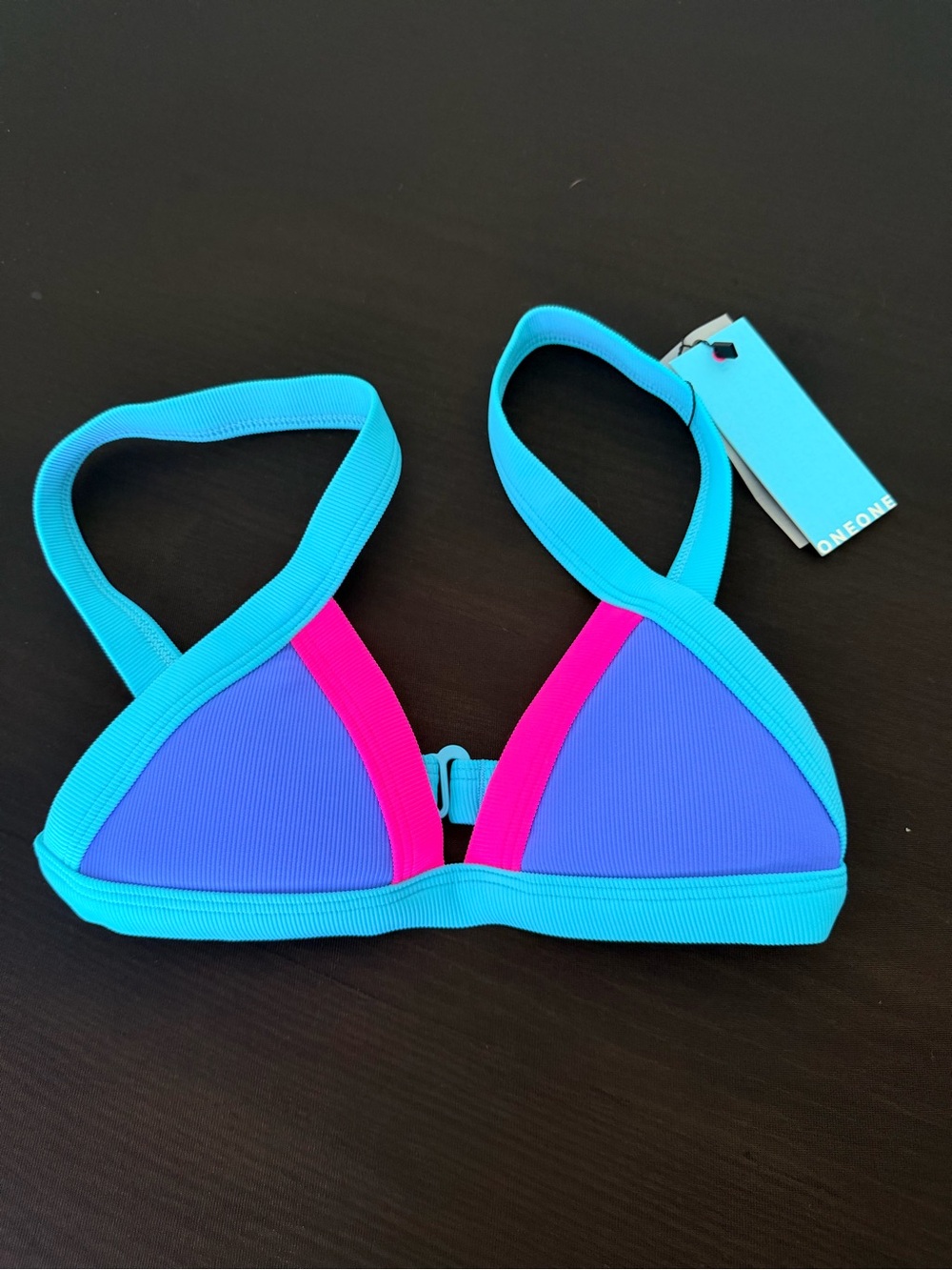 NWT Woman’s Colorblock Triangle Bikini Top in Cyan, Purple & Pink